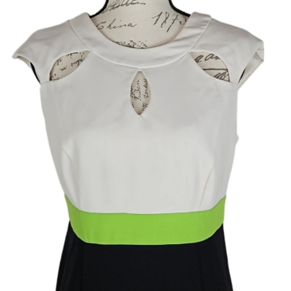 Retro Midi Dress with Teardrop Cutouts & Colorblock White, Green, Black - Picture 3 of 4